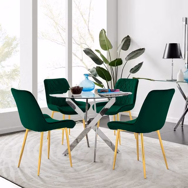 FurnitureboxUK Novara 100cm Round Tempered Glass Dining Table with Gold Legs and 4 Pesaro Green Velvet Chairs – 1