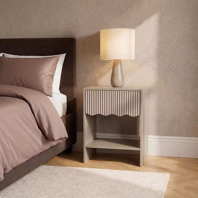 OHS Scallop Ribbed Bedside Table with 1 Drawer Storage Unit in Natural