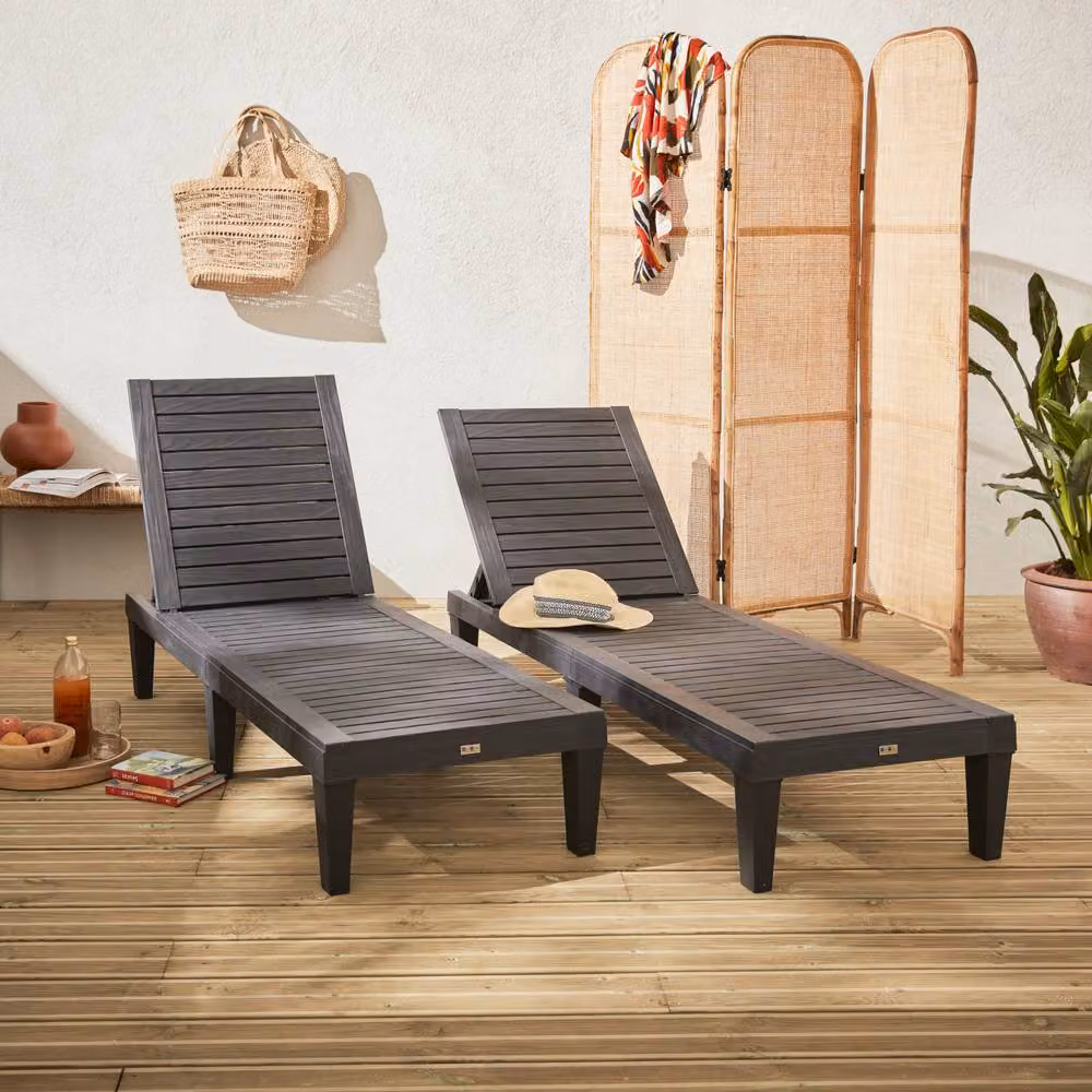 sweeek Pair of Black Plastic Sun Loungers with Textured Wood Effect – 2