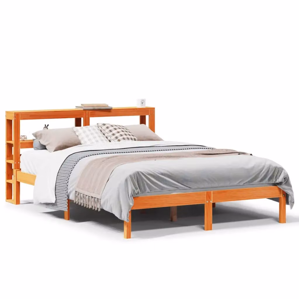 Berkfield Home Small Double Bed Frame with Headboard and Side Compartments in Wax Brown Pine Wood, W/D/H: 120 x 190 cm – 2