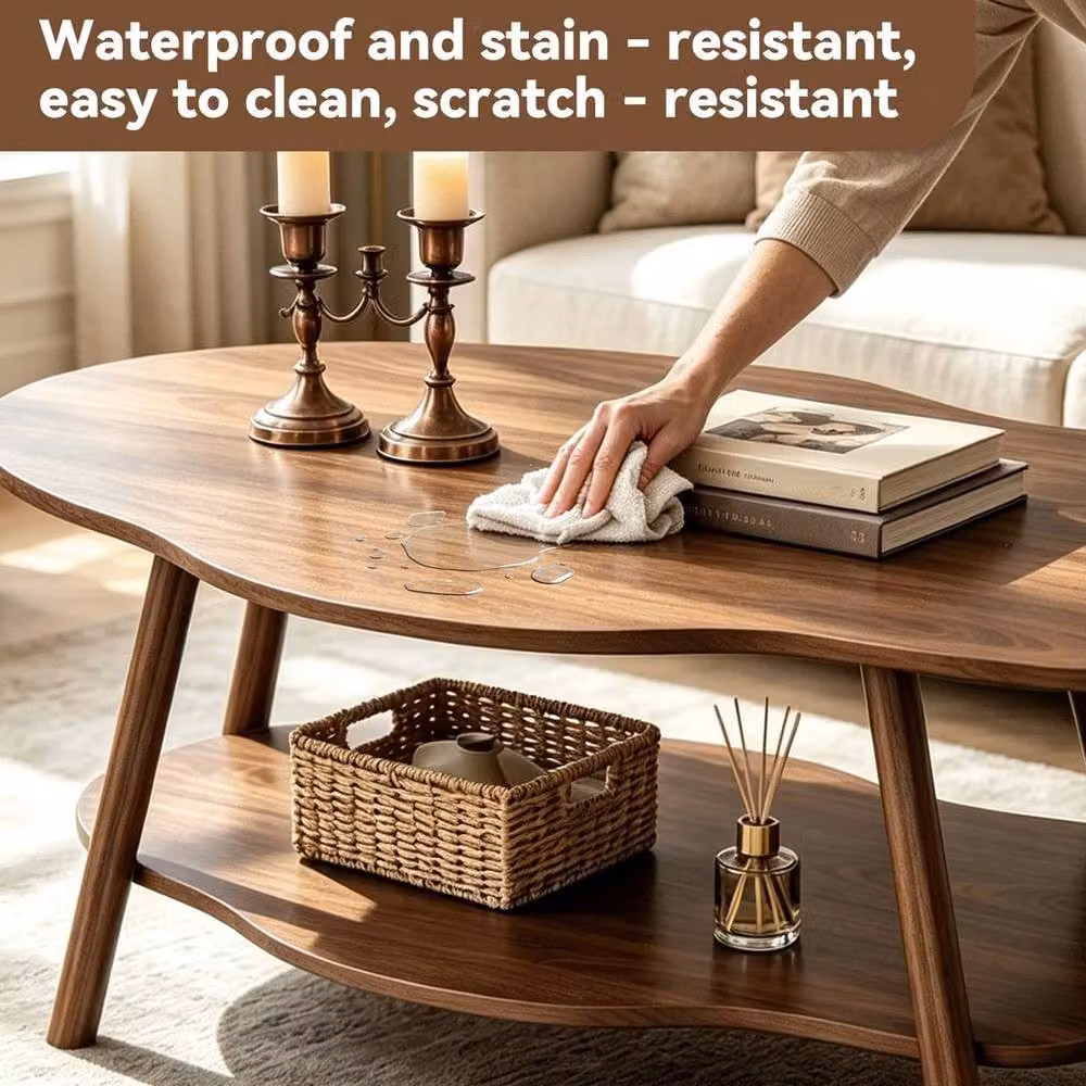 KORVIXA Modern 2-Tier Wooden Coffee Table with Storage Shelf in Brown, W/D/H: 100 x 100 x 40 cm – 2