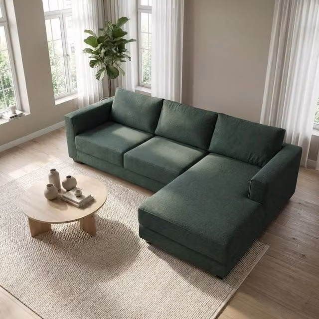 Abakus Direct Kaizer L-Shaped Corner Sofa in Green Bouclé Fabric, Right Facing