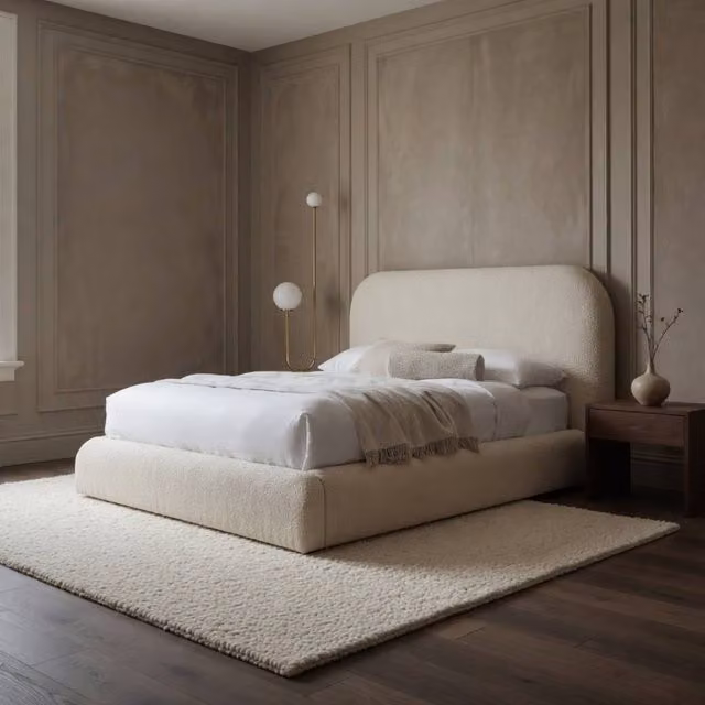 KDMD Baslow Boucle Upholstered Platform Bed Frame in Cream, Size: 90 x 200 cm