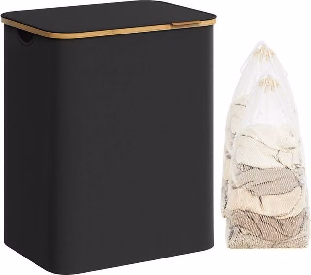 Kelvenix Laundry Basket with Lid and Removable Fabric Bag, Black, W/D/H: 70.5 x 38.5 x 52 cm