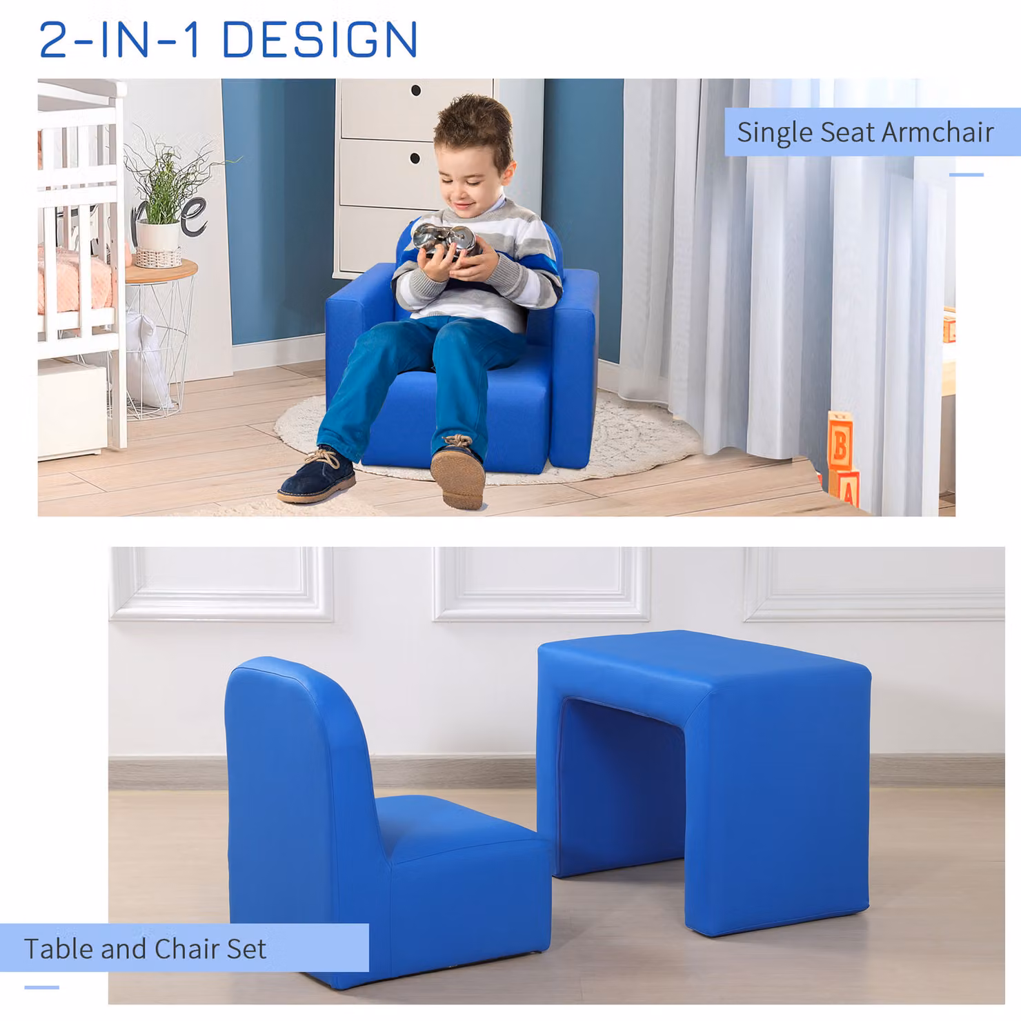 HOMCOM 2-in-1 Toddler Sofa Chair in Blue with Synthetic Leather and Foam Padding – 6
