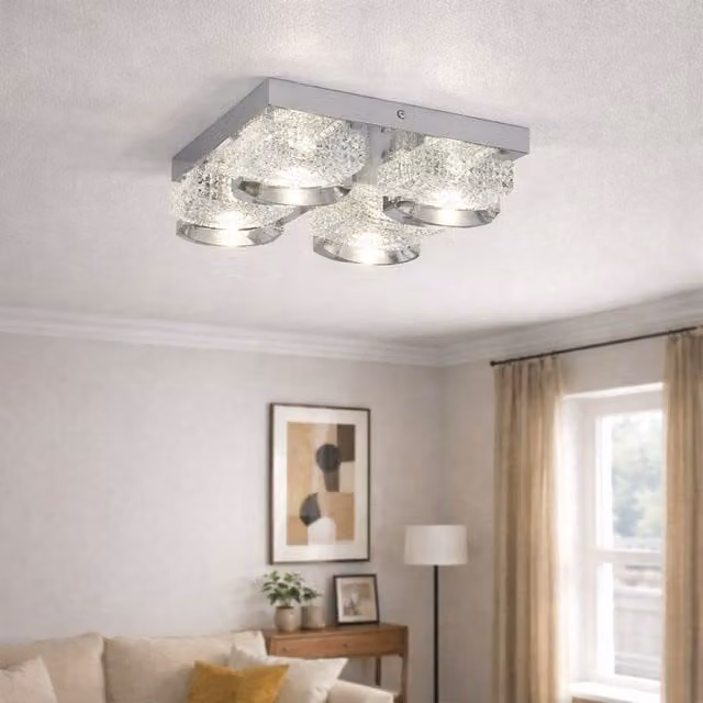 Pagazzi Liana Square LED Flush Ceiling Light in Polished Chrome and Silver with Crystal Details – 1