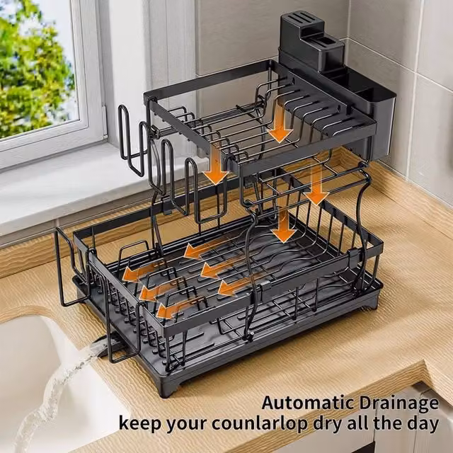 FORGEVIO 2 Tier Kitchen Dish Drainer Rack with Cutlery Holder and Drip Tray, Black