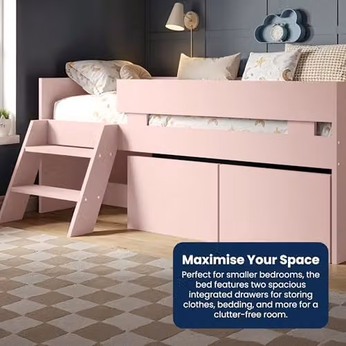 Flair Furnishings Logan Kids Single Low Sleeper Bed with Storage Drawers, Pink – 3
