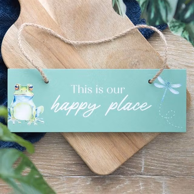 KDMK Our Happy Place Hanging Sign with Frog and Dragonfly Illustration in Light Green Wood