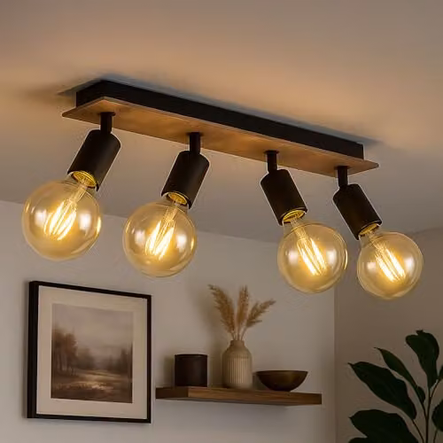Globo Lighting Martha Industrial Ceiling Spotlight Bar in Black and Wood, 4x E27, L 49 cm – 2