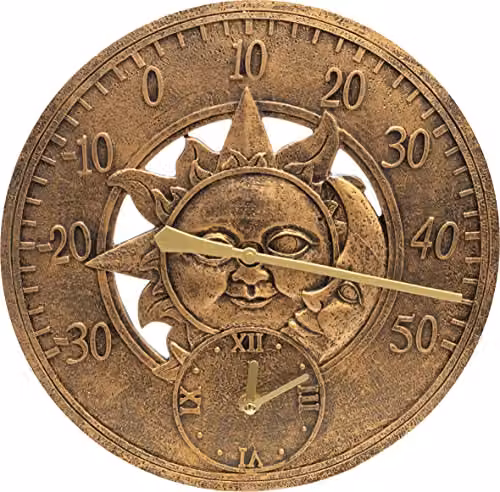 St Helens Home & Garden Vintage Sun and Moon Wall Clock and Thermometer in White and Brown, Diameter: 30 cm – 1