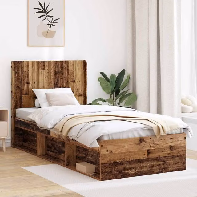 Berkfield Home Bed Frame with Headboard and Side Compartment Storage, Brown, W/D/H: 90 x 190 cm – 1