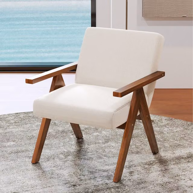 Costway Modern White Linen Fabric Armchair with Acacia Wood Frame and Armrests