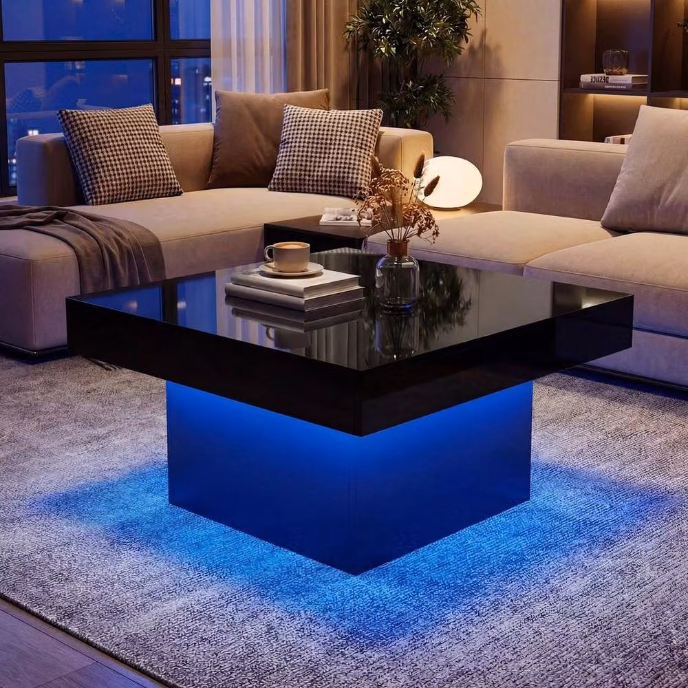 VOGREX Square LED Coffee Table in Black with Glossy Glass Top – 4