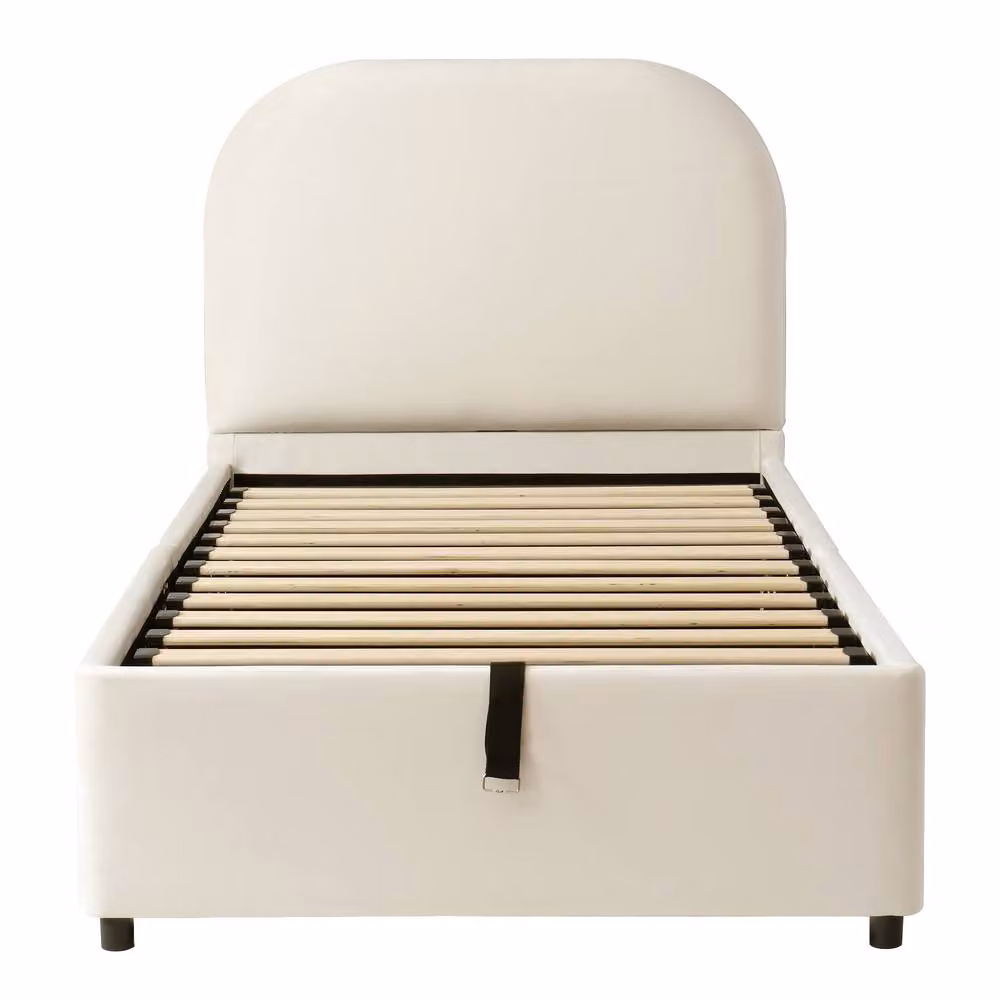 Rolipo Beige Velvet Upholstered Single Bed with Hydraulic Lift-Up Storage W/D/H: 90 x 190 cm – 2