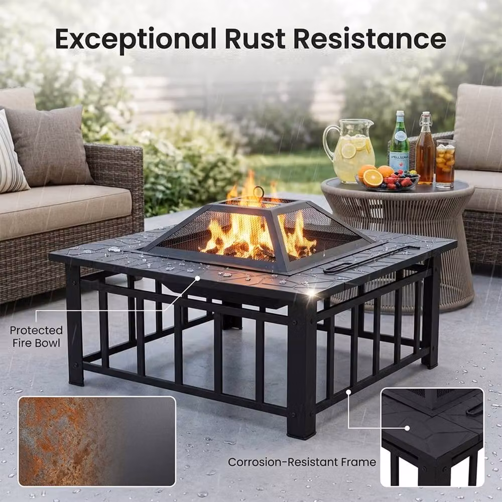 Alivio 3 in 1 Large Metal Fire Pit with BBQ Grill and Shelf, Black Outdoor Fire Table and Ice Pit – 6