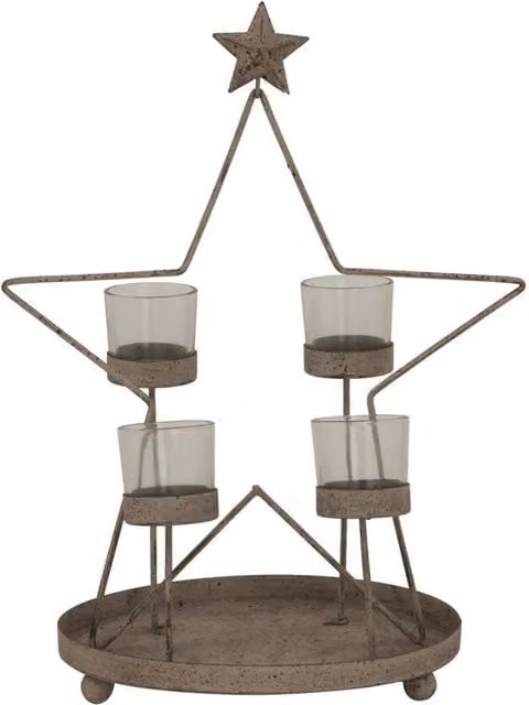 Lemon Pavilion Furniture and Decor Rustic Metal Star with Four Glass Votives in Bronze, W: 28 cm, D: 22 cm, H: 38 cm