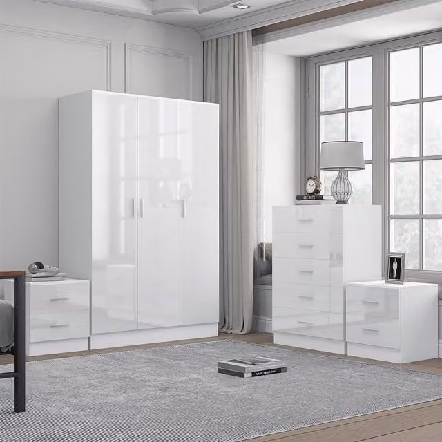 REFLECT Bedroom Furniture Bundle: 3-Door Plain Wardrobe, Chest of Drawers and 2x Bedside Tables in White Gloss and Matt White