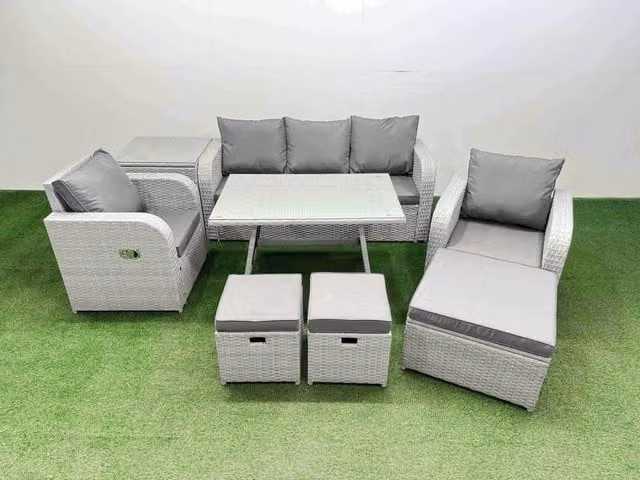 Fimous 3 Seater Reclining Garden Furniture Set in Grey with Upholstered Cushions, Lounge Armchair, Ottoman and Coffee Table