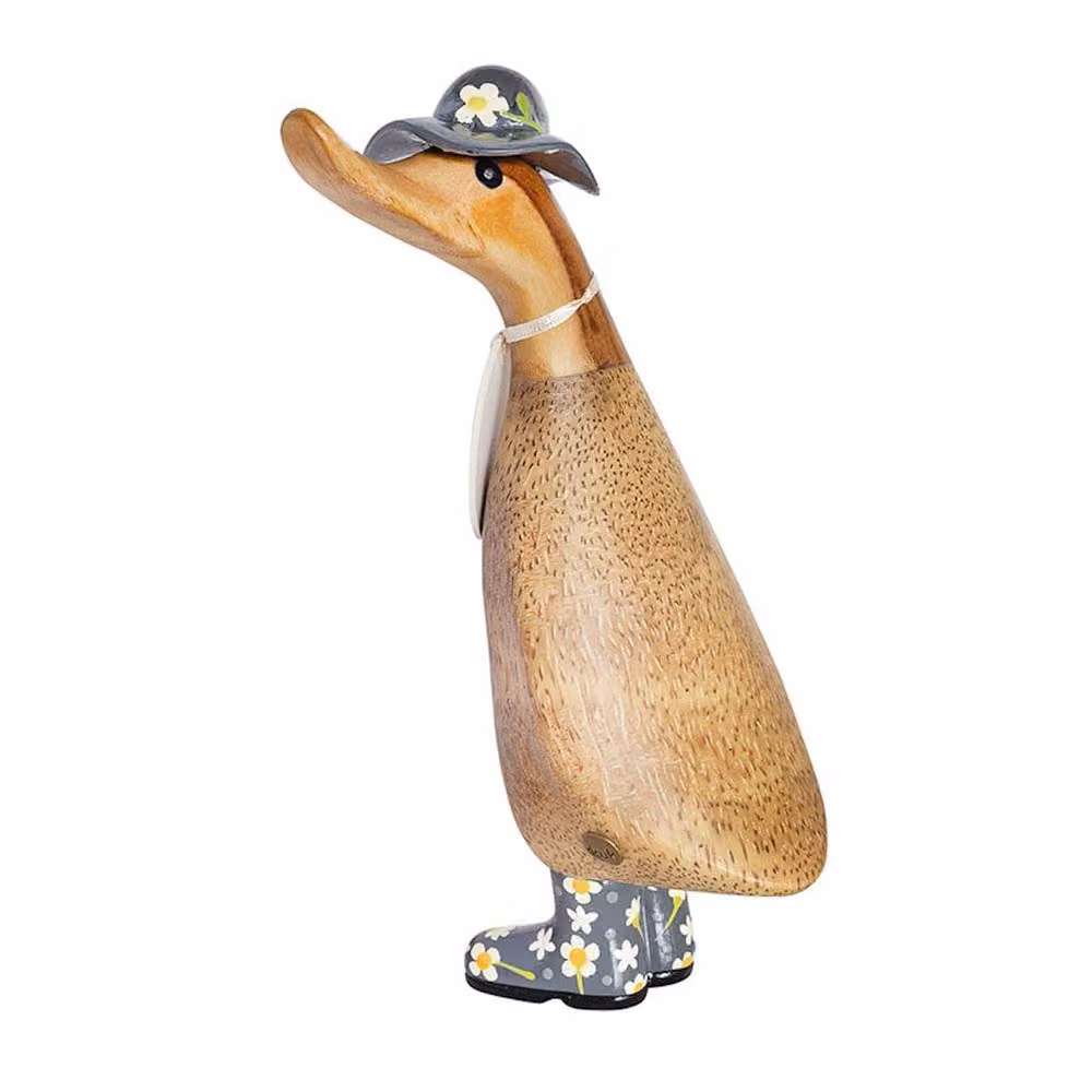 DCUK Floral Hat and Wellies Wooden Duck Ornaments in Petrol and Multicolour