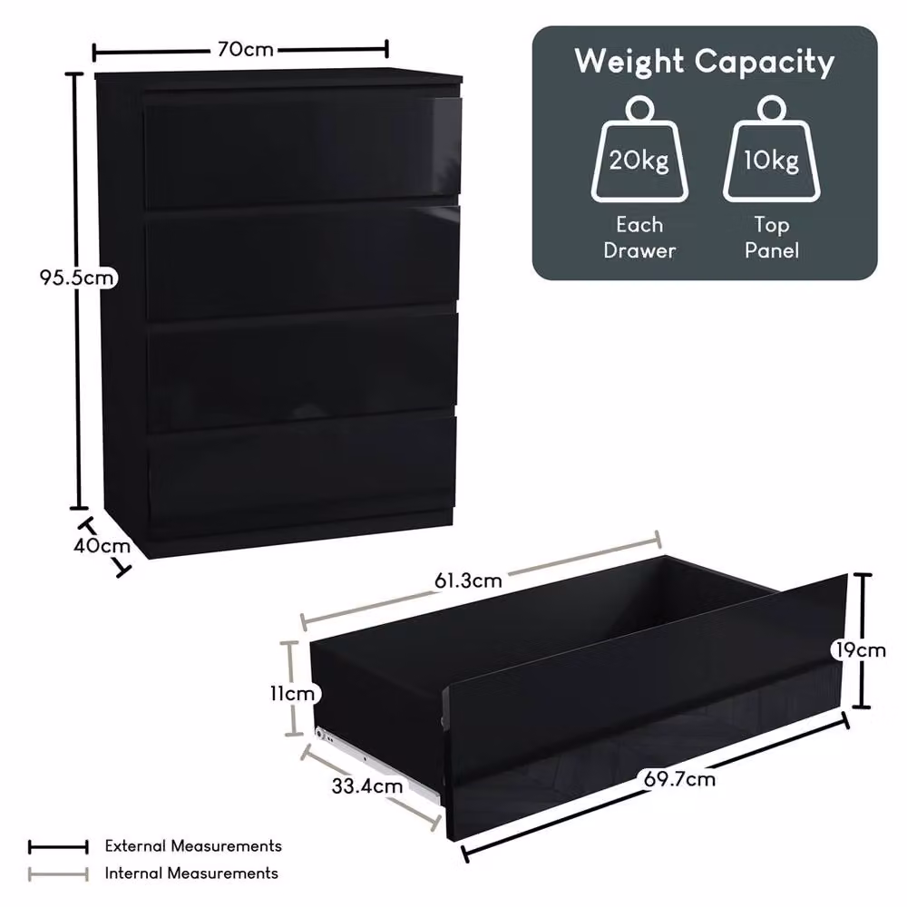 EONLION Modern Glossy Black 4 Drawer Chest of Drawers – 2
