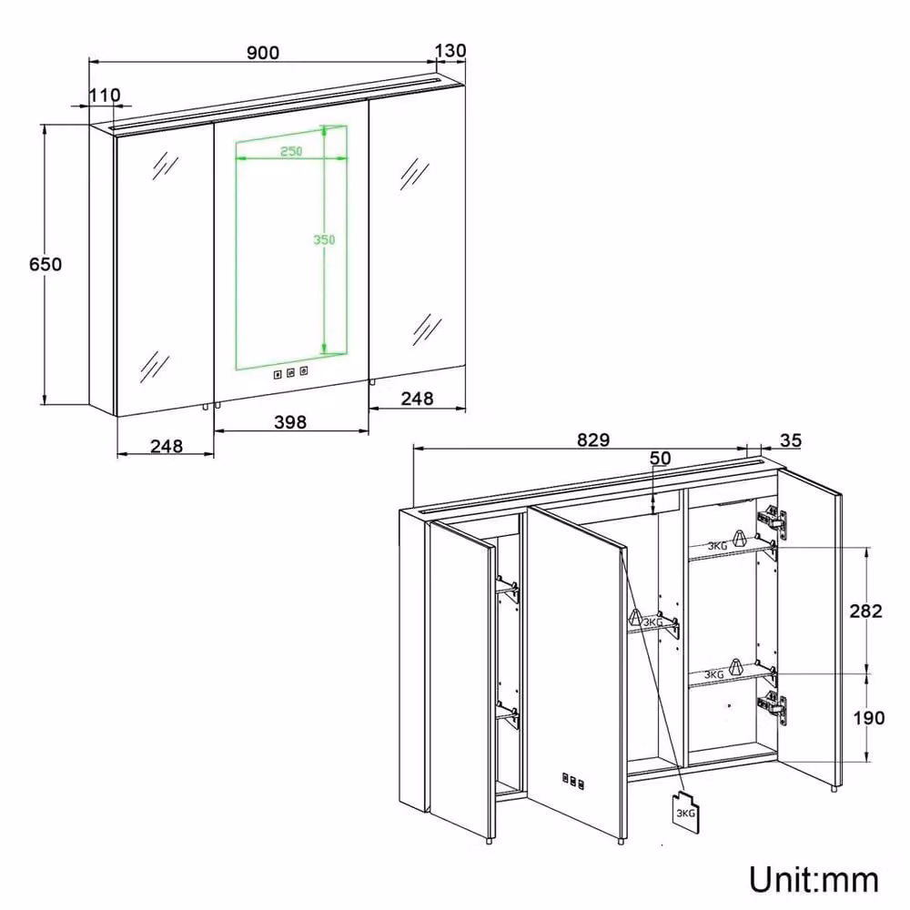 FORGEVIO Black Matt LED Bathroom Mirror Cabinet with Integrated Lighting, Shaver Socket and Anti-Fog Function – 1