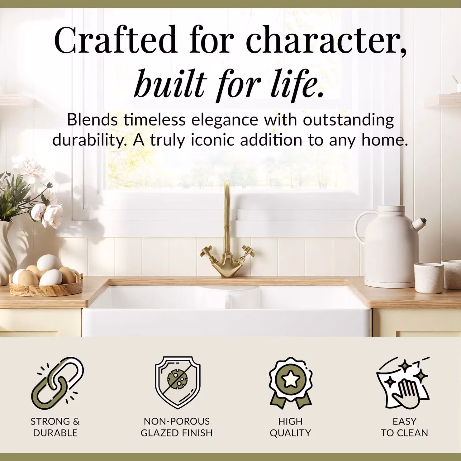 Balterley White Ceramic 2 Bowl Butler Kitchen Sink with Stepped Weir Tap Ledge and No Overflow – 2