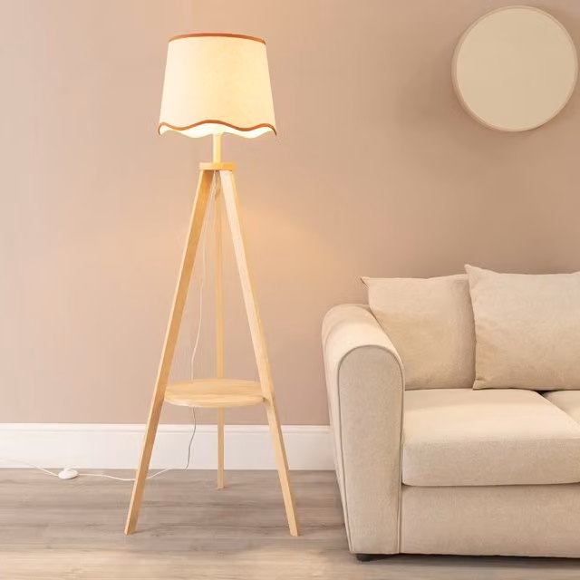 Morrigan Wood Tripod Floor Lamp with Scallop Trim Fabric Shade and Bulb