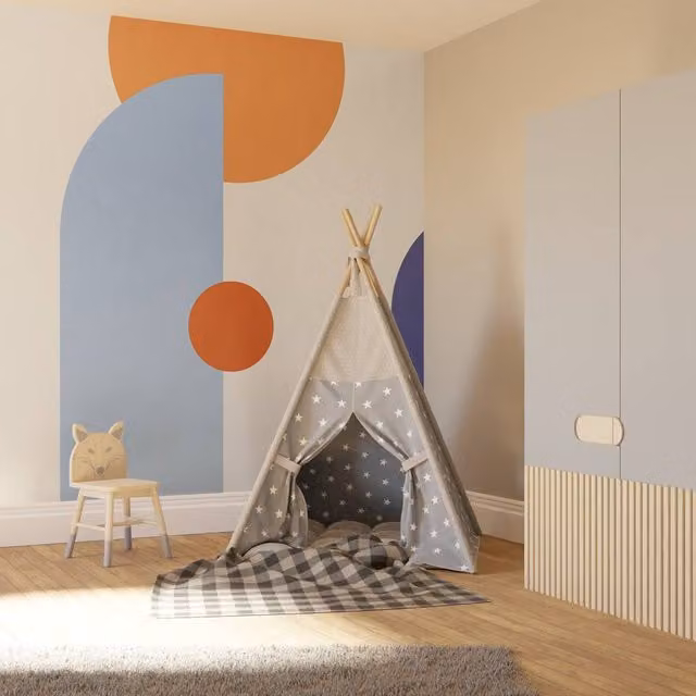 Superfresco Easy Curve & Arch Geo Cobalt Print Blue and Multicolour Geometric Retro Wall Mural W: 300 cm, H: 280 cm