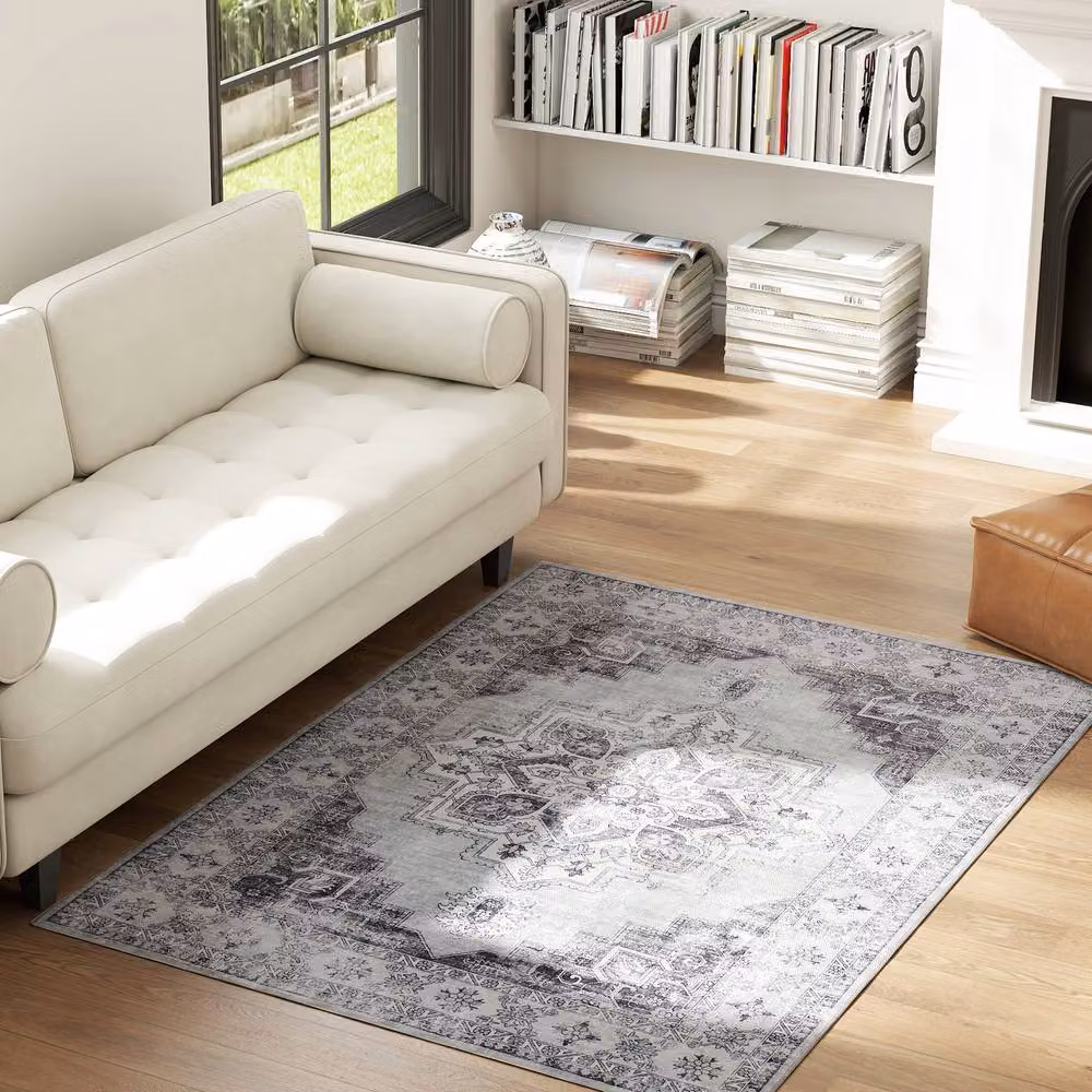 HOMCOM Grey Floral Flannel Non-Slip Washable Polyester Rug for your Living Room, W: 170 cm, D: 120 cm – 2