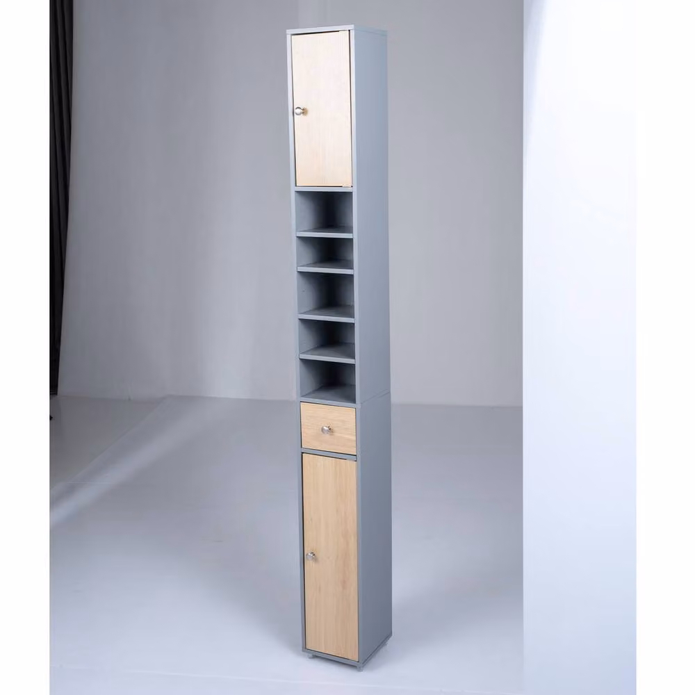 Costway Grey Slim Freestanding Bathroom Tall Cabinet with Internal Shelves and Drawers – 3