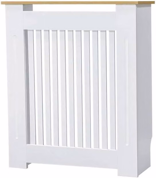 FORGEVIO Vertical Small Radiator Cover in White with Wood Texture Top, H 83 x W 78 x D 20 cm – 1