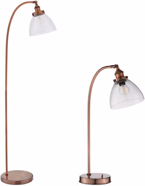 Loops Industrial Standing Floor and Table Lamp Set in Aged Copper with Transparent Glass Shades – 1