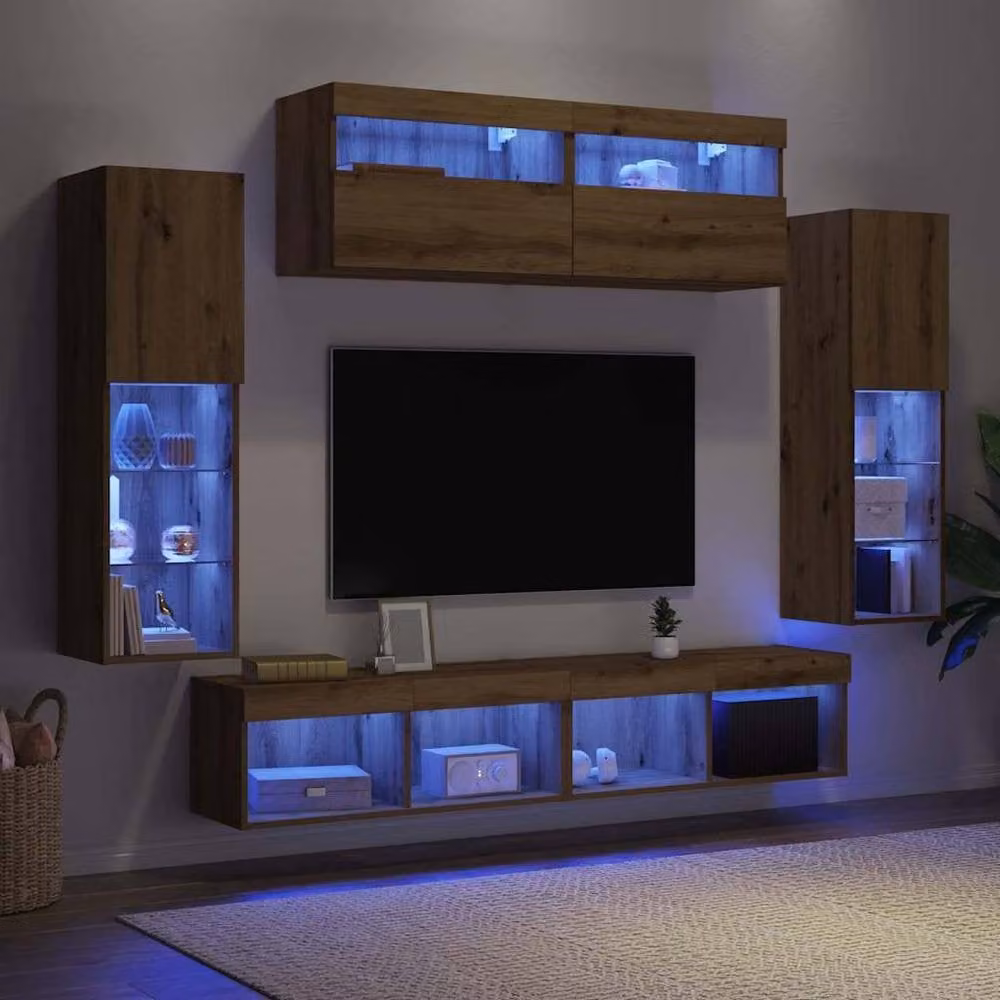 Berkfield Home Set of 2 Artisan Oak TV Wall Cabinets with LED Lighting, Brown, W/D/H: 80 x 30 x 30 cm – 3