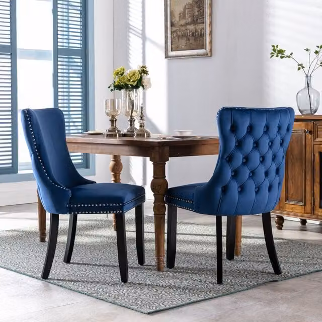 HomeTouch Sierra Set of 2 Blue Velvet Tufted Wing Back Dining Chairs with Oak Wood Legs