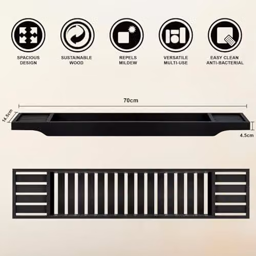 MantraRaj Bamboo Bath Caddy Tray Bridge and Storage Shelf Organizer in Black – 2