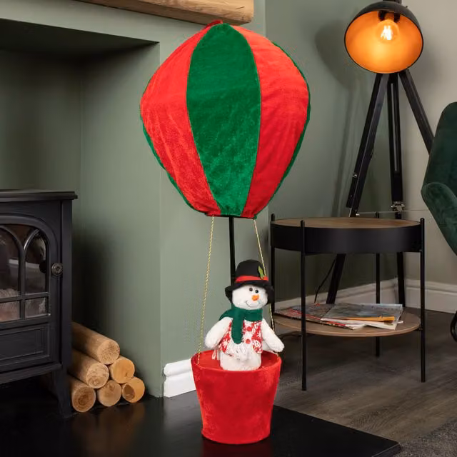 Samuel Alexander Multicolour Plush Snowman Christmas Hot Air Balloon with Extension Pole for Hanging or Table Decoration, Height: 100 cm