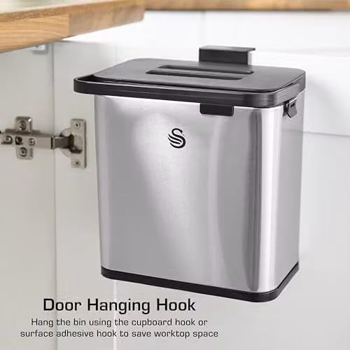 Swan 3L Stainless Steel Kitchen Compost Caddy in Silver with Flip Lid and Removable Inner Bucket – 5