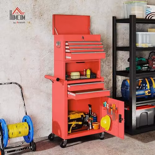 HOMCOM Lockable 3-in-1 Rolling Tool Chest with 6 Drawers in Red – 2