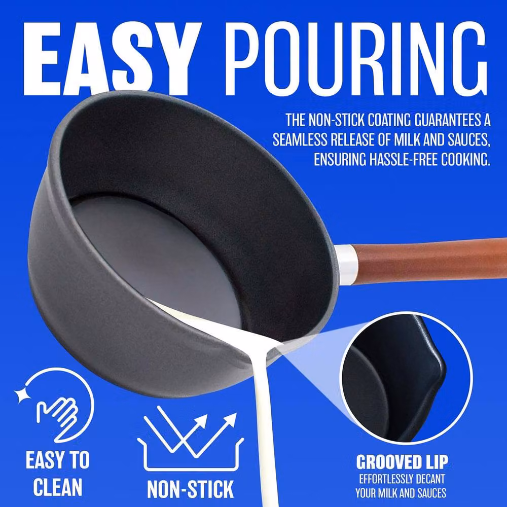 BARGAINS-GALORE Non Stick Milk Pan with Wooden Handle, Black, 1.8 l, 16 cm – 4