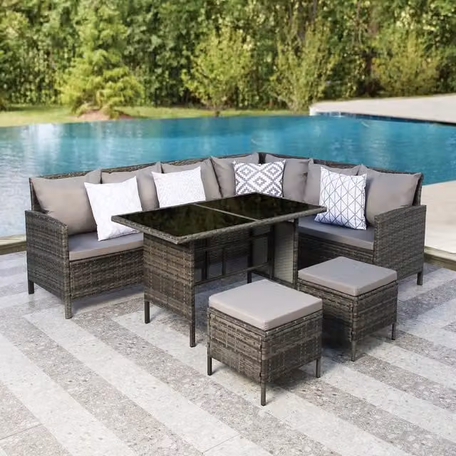 Thalia 8 Seater Rattan Dining Set in Grey with Glass Top