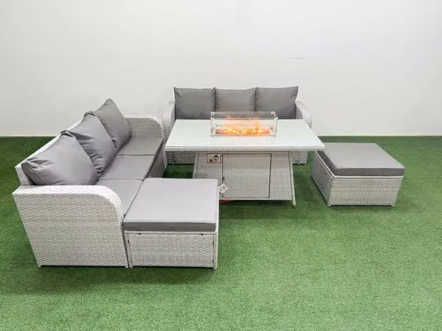 Fimous 8 Seater Grey Wicker Rattan Garden Furniture Set with High Back Lounge Sofas, 2 Footstools and Firepit Dining Table
