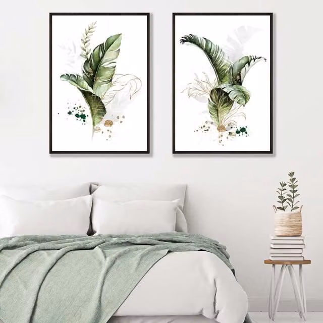 ARTZE Abstract Green Botanical Leaves Set of 2 Modern Floral Art Prints in Black Wood Frames