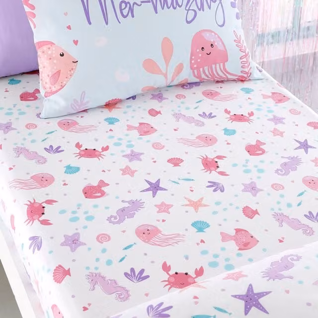 Bedlam Mermaid Vibes Single Fitted Cotton Bed Sheet in Aqua, W/D/H: 90 x 190 x 25 cm