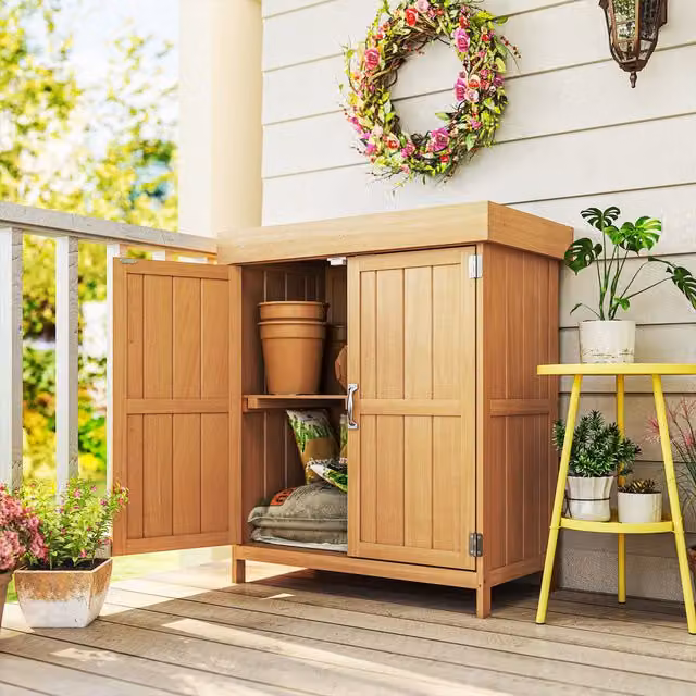 OUTSUNNY Wooden Double Door Garden Tool Storage Shed with Shelving in Brown and Sand