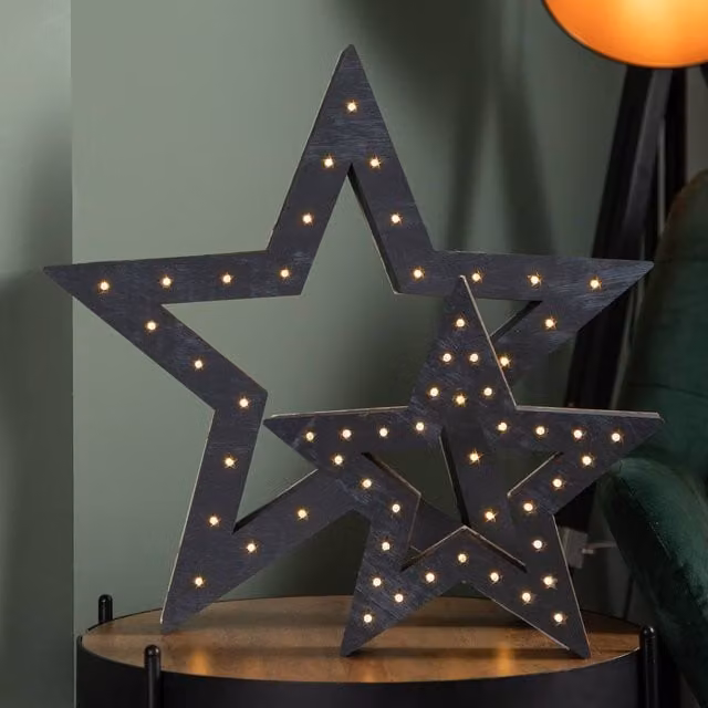 Samuel Alexander Set of 2 Battery Operated Wooden Christmas Stars with 60 Warm White LEDs in Grey – 1