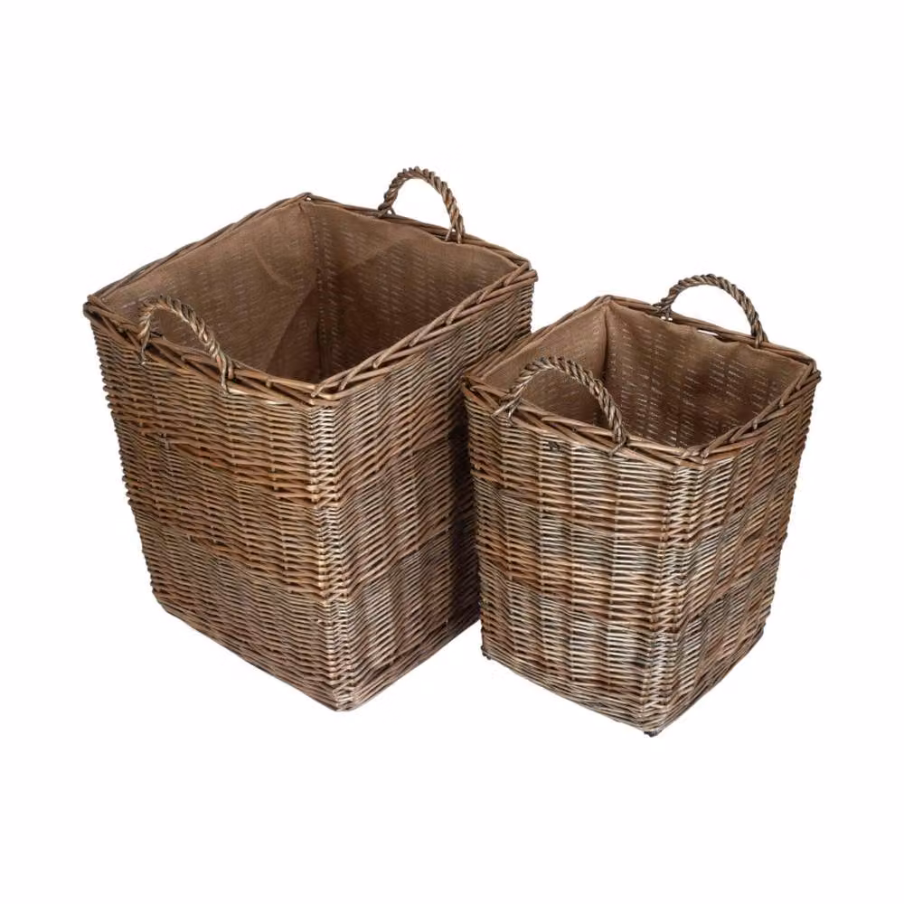 Red Hamper Set of 2 Tall Square Wicker Log Baskets with Hessian Lining in Brown and Red – 2