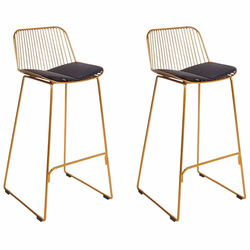 Wyld and Coco Set of 2 Gold Wire Bar Chairs with Black Faux Leather Seats – 2