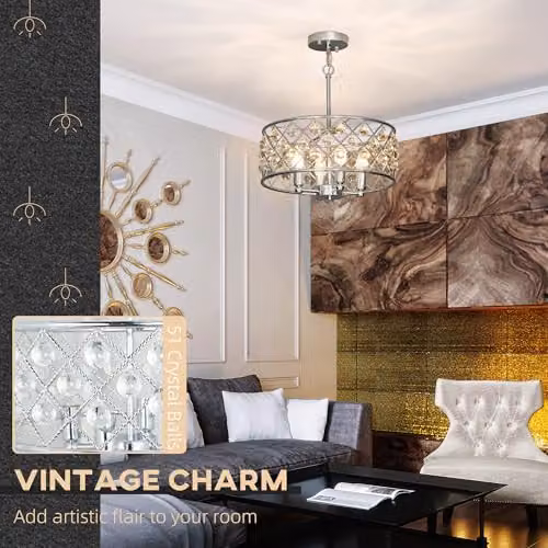 HOMCOM Modern Crystal Chandelier in Silver with Adjustable Height and 4-Light E14 Base – 3