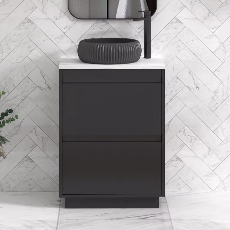 Royal Bathrooms Orion 600mm Matt Obsidian Black Floor Standing Countertop Vanity Unit with 2 Drawers and Milan Black Basin
